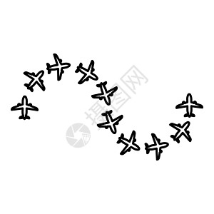 从飞机飞行旅游路径飞机飞行冒险时间概念行程飞行轮廓轮廓线图标黑色矢量插图图像薄平面样式的路线图片