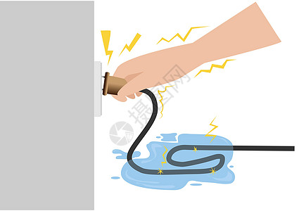 当电线被淹在地面时 不要触碰电源绳 因为可能会有泄漏流 平坦风格的卡通插图矢量图片