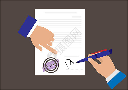 战略改革商务人士的手指向签署合同 法律文件或申请表的地点 平坦的漫画插图 您可使用下列语言插画