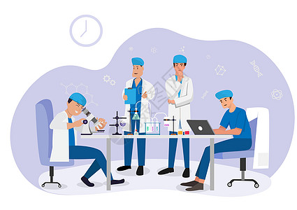 一组医学生做实验室实验孤立的平面矢量图卡通科学家做研究或化学测试化学 医学和科学的概念图片