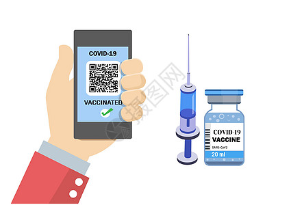 配有QR码的智能手机屏幕 CCOVID-19接种疫苗豁免电子护照 平式卡通插图矢量图片