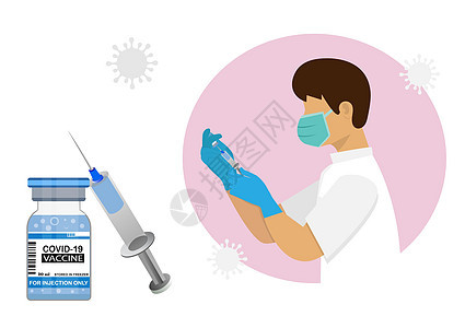 医生戴着手套 蓝手 使用冠状病毒疫苗 COVID-19 疫苗和冠状病毒疫苗 COVID-19 流感疫苗 病媒水平横幅图片