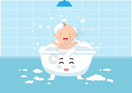 有趣的小男孩在大浴缸里玩水和泡沫游戏 平板风格的漫画插图矢量图片