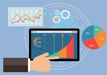 在平板电脑上分析市场趋势 使用折线图和图形在屏幕上设计统计信息图 移动技术概念矢量图图片