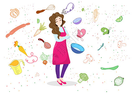 一位年轻女性设计了带有物品的菜单和背景中的烹饪用具 平式卡通插图矢量图片
