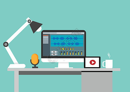 博客或视频编辑的工作场所 配有录像编辑程序的监控和应用界面 专业麦克风矢量插图图片