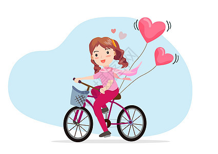 女孩骑着带有粉红心气球的自行车 平式卡通插图矢量图片