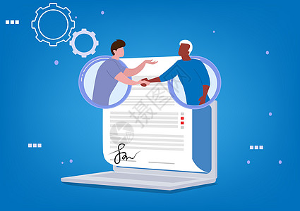 在线商业协议合同概念 通过网上以符号说明方式表示 由两名商务人士亲手握着 Flat风格的漫画插图矢量图片