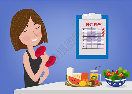 年轻女性的健康生活方式 锻炼和饮食 准备检查每日膳食计划 平面样式卡通插图矢量图图片