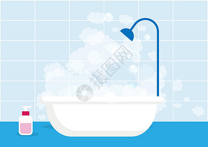 浴缸内和浴缸内隔着泡沫浴盆浴缸 用平式矢量插图在浅蓝色瓷砖背景洗澡时被隔离图片