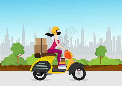 美女骑着一辆黄色摩托车的老式摩托车 携带箱式送货服务平板样板插图矢量图片