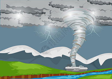 一场强风暴会产生强大的龙卷风 带着闪电板横扫乡村 混合媒体风景插画图片