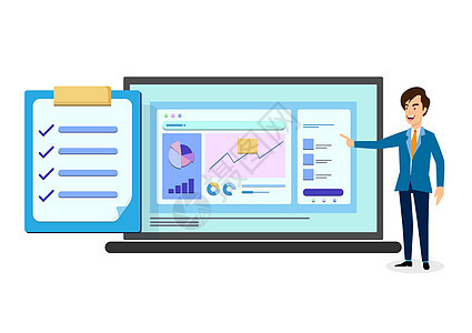 年轻商务人士在计算机监视器上显示一张图表 剪贴板显示了图形的验证 Man用手指向大屏幕 平式卡通插图矢量为平滑风格图片