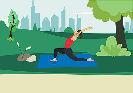 瑜伽中的年轻女孩在露天露天表演 在城市公园 树木和城镇进行背景锻炼 健康生活方式概念 平式矢量插图图片
