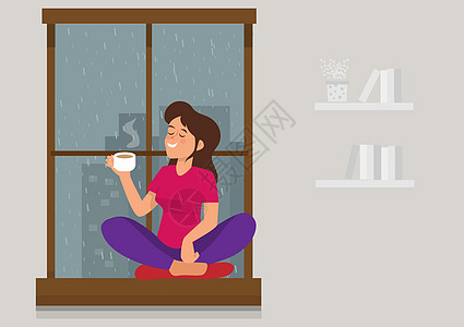 矢量说明一个女孩在窗边喝茶/咖啡 而外面下着雨 平式卡通插图解矢量图片