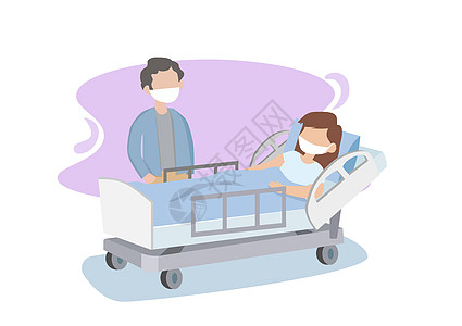 丈夫戴医疗面具去医院看病妻子 用矢量说明生病者在床上的平式病情 (单位 千美元)图片