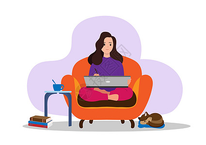 年轻女子坐在沙发上 在家里用笔记本电脑工作 家庭办公室的概念 女性自由职业者 企业家 现代商业 平面样式卡通插图矢量图片