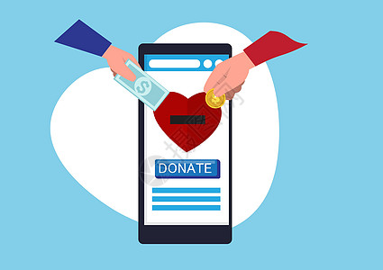 在家中通过智能手机在线捐赠 通过在线支付平面矢量慈善机构手工捐赠 平面样式卡通插图矢量图片