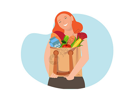 一个女人手里拿着一个装着蔬菜的纺织袋 购买有机产品 对塑料说不 无浪费消费 保护环境 生态概念 矢量平面插画图片
