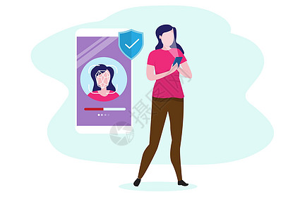 使用移动电话的妇女 代码是扫描大智能手机屏幕上的脸部 安全概念 平式卡通矢量插图等图片