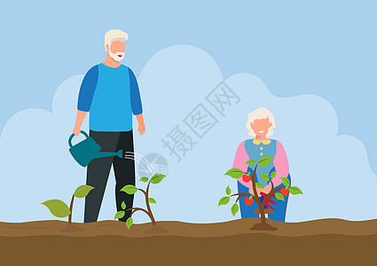 年长夫妇通过水 铲铲 除草和退休后出售产品来照顾他们的园艺 平式卡通矢量插图(Plap Style)图片