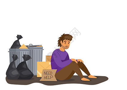 一个穷人 无家可归的人坐在垃圾桶附近的地板上 需要人类同伴的帮助 他们一起用平板式卡通矢量插图图片