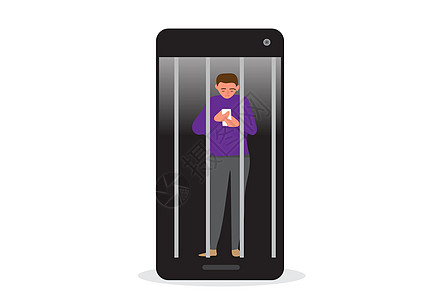 一种技术概念 使得人们的生活坚持在手机上的应用中 仿佛他们被锁起来一样 平式卡通矢量插图(Plap Style)图片