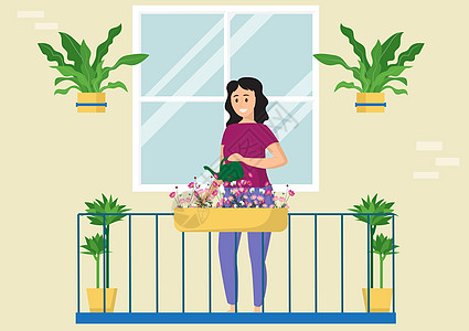 手持自来水罐以及室内 阳台上或房间里的水厂; 在锅里现代室内花朵 平式卡通插图矢量(Plap style)图片