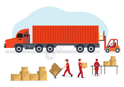 员工正在记录送货情况 与身着红色货运卡车的送货员与货箱货运服务理念 平面样式卡通插图矢量图片