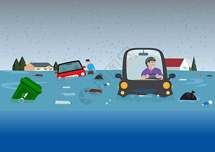 城市洪水导致汽车和垃圾漂浮在水面上 车上的男性性格令人震惊 试图帮助自己用卡通画来展示平板风格图片