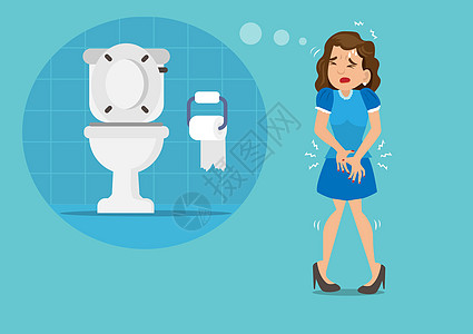 浴室背景该妇女胃痛 不得不小便和排便 但浴室很远 因此患有腹泻或便秘症 卫生概念 平式卡通矢量图示(flap type)插画