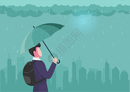 带着雨伞站在雨中和闪电中的商务人士他即将向客户展示已经准备好的工作 大城市在平面矢量图背景上的剪影图片