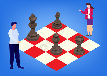 男女商务人士在象棋比赛中运用集思广益战略以取得成功 平式卡通矢量插图图片