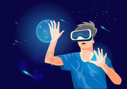 在数字工作背景中 身戴带全息触摸手指虚拟板的VR眼镜的年轻人 平式卡通矢量插图图片
