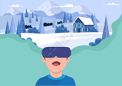 VR 技术立体传介式矢量男孩与VR头盔在雪地上旅行的VR头盔图片