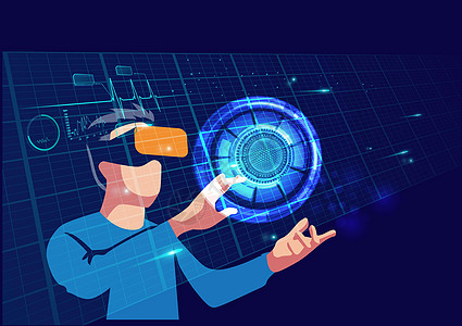 身戴带全息手指触碰的VR玻璃眼镜的商务人士数字工作背景虚拟板耳机解决方案办公室报告战略商业营销金融元界团队图片