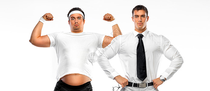 在体重丧失和体能变形之前前后 这名男子是胖子 但成为阿图莱特肌肉力量重量男人男性腰部黄色运动营养腹肌图片