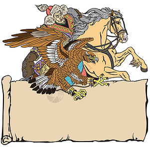 蒙古奶茶用老鹰在马上打猎 用卷轴模样插画
