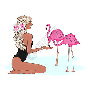 穿泳衣的漂亮女孩 给粉红火烈酒 时装暑期插画 纺织印刷品和明信片设计提供食物图片
