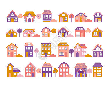 一大套小型小房子 树木和灌木丛以平板风格 小镇 多彩的外表图片