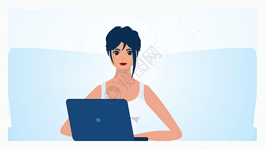 女孩在笔记本电脑后面工作 工作 教育和购物的概念 用平板风格的可爱插图图片