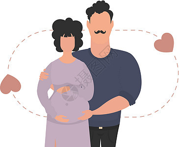一个丈夫腰部深厚的孕妇 被白种背景隔离 怀孕快乐的概念 卡通风格的矢量图片