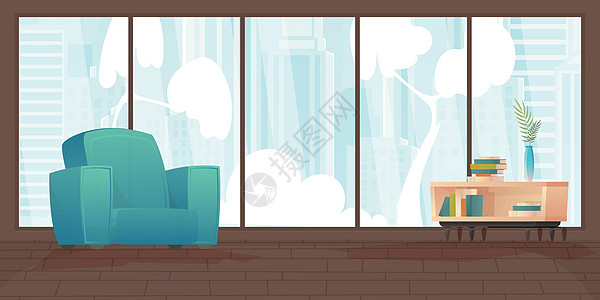 房间为您的场景提供大型全景窗口 用平板风格的可爱插图图片