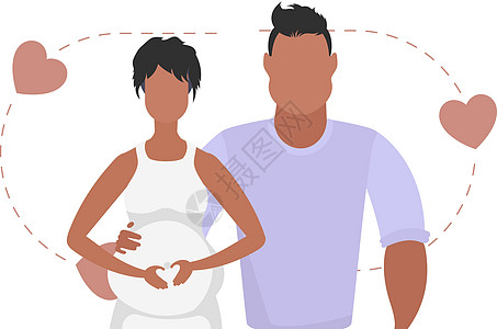 一名男子和一名孕妇被描绘成腰部深处 在白色背景上被孤立;怀孕快乐的概念;卡通风格的矢量图片