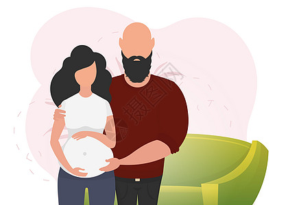 男人和孕妇 关于夫妇喷气式婴儿主题的Banner 怀孕快乐 以平板风格的矢量插图图片
