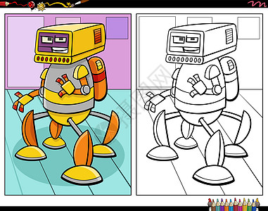 卡通机器人奇幻人物着色书页黑色卡通片画笔小说活动机器彩书科学教育幼儿园图片