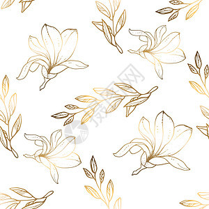 无缝模式 豪华的金色玉兰和树叶的树枝 孤立在白色背景上 艺术线条很细 精致的花卉图案 金叶 矢量文件图片
