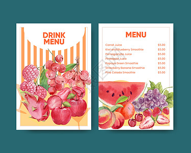 含有红水果和蔬菜概念的菜单模板 水色风格红色营销收成叶子水彩饮食广告草本插图水果图片