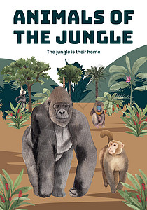 以丛林概念中的猴子 水彩色风格命名的海报模板水彩传单插图卡通片热带植物小册子荒野广告动物园图片