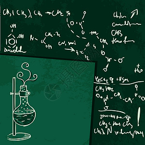 旧化学实验室在深绿色学校董事会上的无缝结构图案插图生物学手绘草图化学品测试绘画木板器皿管道图片